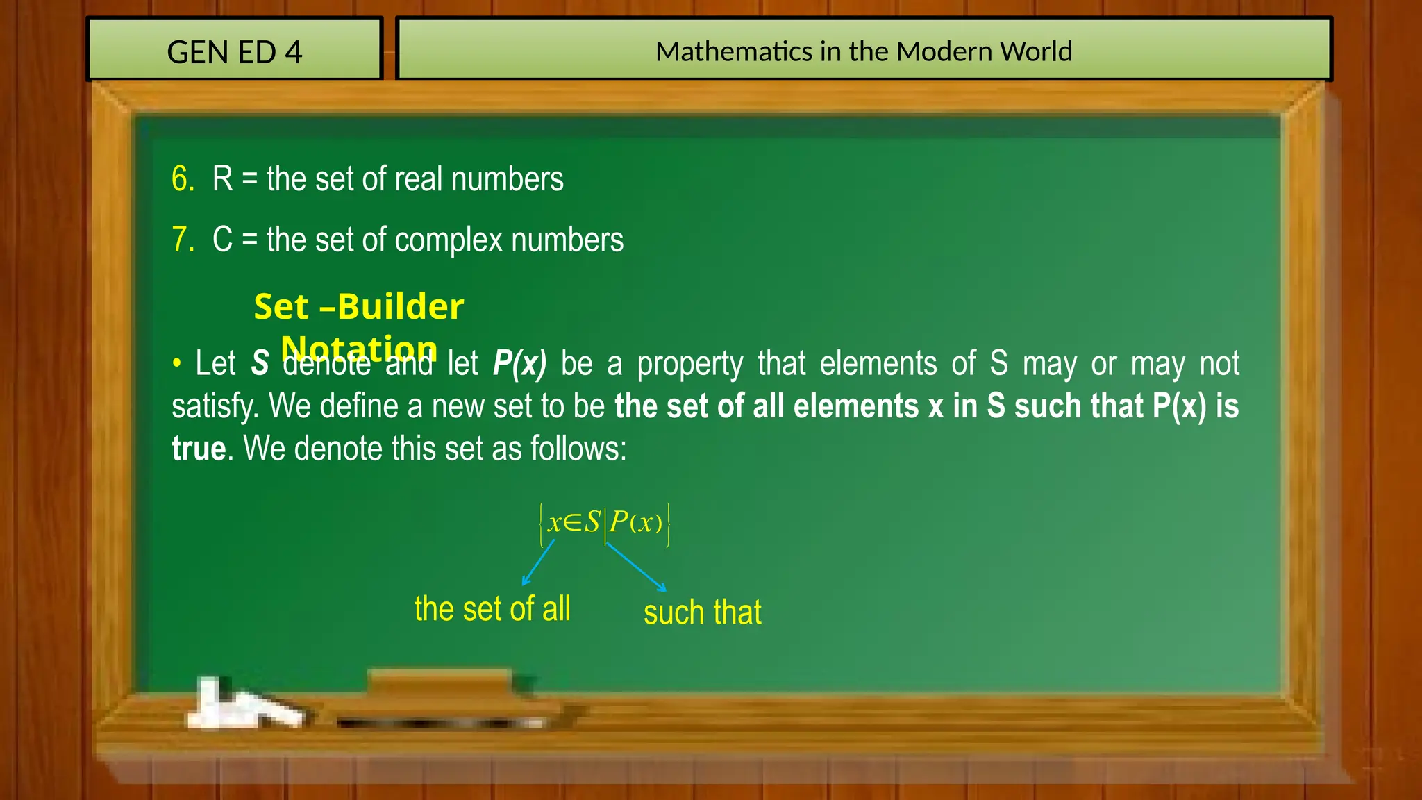GEN ED 4 Mathematics in the Modern World
6. R = the set of real numbers
7. C = the set of complex numbers
Set –Builder
Notation
• Let S denote and let P(x) be a property that elements of S may or may not
satisfy. We define a new set to be the set of all elements x in S such that P(x) is
true. We denote this set as follows:
 
 
x S P x

the set of all such that
 
