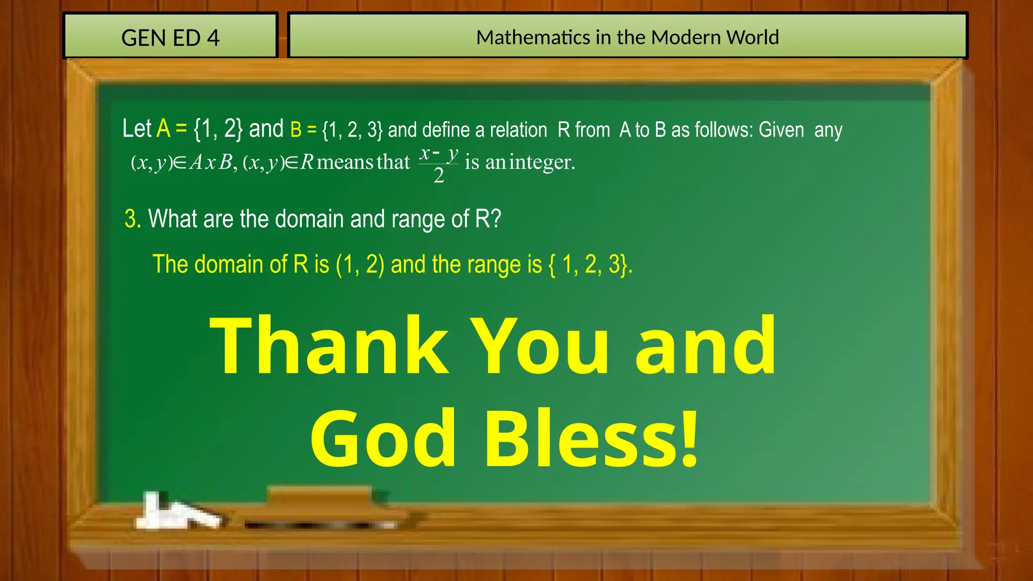 GEN ED 4 Mathematics in the Modern World
Let A = {1, 2} and B = {1, 2, 3} and define a relation R from A to B as follows: Given any
   
, , , meansthat is aninteger.
2
x y
x y AxB x y R 
 
3. What are the domain and range of R?
The domain of R is (1, 2) and the range is { 1, 2, 3}.
Thank You and
God Bless!
 