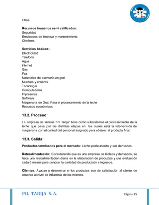 PIL TARIJA S. A. Página 15
Otros
Recursos humanos semi calificados:
Seguridad
Empleados de limpieza y mantenimiento
Choferes
Servicios básicos:
Electricidad
Teléfono
Agua
Internet
Gas
Fax
Materiales de escritorio en gral.
Muebles y enseres
Tecnología
Computadoras
Impresoras
Software
Maquinaria en Gral. Para el procesamiento de la leche
Recursos económicos
13.2. Proceso:
La empresa de lácteos “Pil Tarija” tiene como subsistemas el procesamiento de la
leche que pasa por las distintas etapas en las cuales está la intervención de
maquinaria con el control del personal asignado para obtener el producto final.
13.3. Salida:
Productos terminados para el mercado: Leche pasteurizada y sus derivados.
Retroalimentación: Considerando que es una empresa de lácteos y derivados, se
hace una retroalimentación diaria en la elaboración de productos y una evaluación
cada 6 meses para conocer la cantidad de producción e ingresos.
Clientes: Ayudan a determinar si los productos son de satisfacción al cliente de
acuerdo al nivel de influencia de los mismos.
 