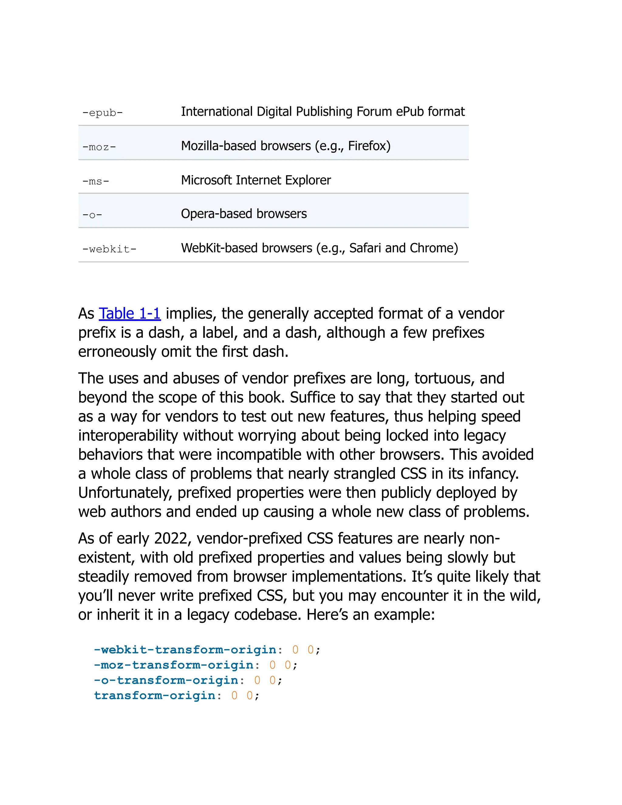 -epub- International Digital Publishing Forum ePub format
-moz- Mozilla-based browsers (e.g., Firefox)
-ms- Microsoft Internet Explorer
-o- Opera-based browsers
-webkit- WebKit-based browsers (e.g., Safari and Chrome)
As Table 1-1 implies, the generally accepted format of a vendor
prefix is a dash, a label, and a dash, although a few prefixes
erroneously omit the first dash.
The uses and abuses of vendor prefixes are long, tortuous, and
beyond the scope of this book. Suffice to say that they started out
as a way for vendors to test out new features, thus helping speed
interoperability without worrying about being locked into legacy
behaviors that were incompatible with other browsers. This avoided
a whole class of problems that nearly strangled CSS in its infancy.
Unfortunately, prefixed properties were then publicly deployed by
web authors and ended up causing a whole new class of problems.
As of early 2022, vendor-prefixed CSS features are nearly non-
existent, with old prefixed properties and values being slowly but
steadily removed from browser implementations. It’s quite likely that
you’ll never write prefixed CSS, but you may encounter it in the wild,
or inherit it in a legacy codebase. Here’s an example:
-webkit-transform-origin: 0 0;
-moz-transform-origin: 0 0;
-o-transform-origin: 0 0;
transform-origin: 0 0;
 