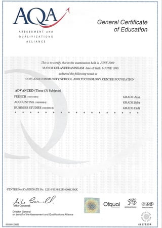 Manoj Certificates & Diplômes