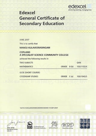 Manoj Certificates & Diplômes