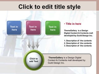 Click to edit title style 
Text in 
here 
Text in 
here 
Text in 
here 
• Title in here 
ThemeGallery is a Design 
Digital Content & Contents mall 
developed by Guild Design Inc. 
1. Description of the contents 
2. Description of the contents 
3. Description of the contents 
ThemeGallery is a Design Digital 
Content & Contents mall developed by 
Guild Design Inc. 
Click to 
add Text 
 