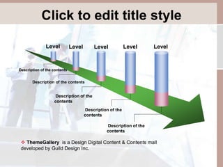 Click to edit title style 
Level 
1 
Level 
2 
Level 
3 
Level 
4 
Level 
5 
Description of the contents 
Description of the contents 
Description of the 
contents 
Description of the 
contents 
Description of the 
contents 
 ThemeGallery is a Design Digital Content & Contents mall 
developed by Guild Design Inc. 
 