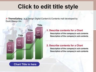Click to edit title style 
 ThemeGallery is a Design Digital Content & Contents mall developed by 
Guild Design Inc. 
1. Describe contents for a Chart 
Description of the company’s sub contents 
Description of the company’s sub contents 
2. Describe contents for a Chart 
Description of the company’s sub contents 
Description of the company’s sub contents 
Title 
Title 
Title 
Title 
Chart Title in here 
text 
in 
here 
text 
in 
here 
text 
in 
here 
text 
in 
here 
 