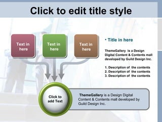 Click to edit title style Text in  here Text in  here Text in  here ThemeGallery  is a Design Digital Content & Contents mall developed by Guild Design Inc. Title in here ThemeGallery  is a Design Digital Content & Contents mall developed by Guild Design Inc. 1. Description of  the contents  2. Description of  the contents 3. Description of  the contents Click to add Text 