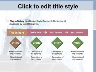 Click to edit title style Text in here Title in here Text in here Text in here 2005 2006 2007 2008 Description of the contents Description of the contents Description of the contents Description of the contents Description of the contents Description of the contents Description of the contents Description of the contents ThemeGallery  is a Design Digital Content & Contents mall developed by Guild Design Inc. 