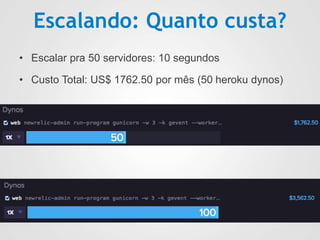 Escalando: Quanto custa?
• Escalar pra 50 servidores: 10 segundos
• Custo Total: US$ 1762.50 por mês (50 heroku dynos)
 