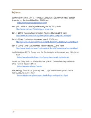 References:
California Dreamin’. (2014). Temecula Valley Wine Country’s Hottest Balloon
Adventures. Retrieved May 26th, 2016 from
http://www.californiadreamin.com/
Esri. (n.d.). What is Tapestry? Retrieved June 08, 2016, from
http://www.esri.com/landing-pages/tapestry
Esri-1. (2014). Tapestry Segmentation. Retrieved June 2, 2016 from
http://www.esri.com/library/fliers/pdfs/tapestry_segmentation.pdf
Esri-2. (2014). Exurbanites. Retrieved June 2, 2016 from
http://downloads.esri.com/esri_content_doc/dbl/us/tapestry/segment5.pdf
Esri-3. (2014). Savvy Suburbanites. Retrieved June 2, 2016 from
http://downloads.esri.com/esri_content_doc/dbl/us/tapestry/segment4.pdf
HotAirBalloon. (2015). Spring Into the Air- Invitational. Retrieved May 25th, 2016
from
http://www.hotairballoon.com/Spring-Into-the-Air-Invitational/
Temecula Valley Balloon & Wine Festival. (2016). Temecula Valley Balloon &
Wine Festival. Retrieved from
http://www.tvbwf.com/home/
W.K. Kellogg Foundation. (January 2004). Logic Model Development Guide.
Retrieved June 2, 2016 from
http://www.smartgivers.org/uploads/logicmodelguidepdf.pdf
19
 