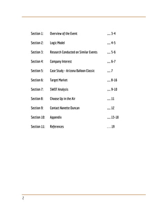 Section 1: Overview of the Event … 3-4
Section 2: Logic Model … 4-5
Section 3: Research Conducted on ​Similar Events … 5-6
Section 4: Company Interest … 6-7
Section 5: Case Study - Arizona Balloon Classic … 7
Section 6: Target Market … 8-16
Section 7: SWOT Analysis … 9-10
Section 8: Choose Up in the Air … 11
Section 9: Contact Nanette Duncan … 12
Section 10: Appendix … 13-18
Section 11: References . . . 19
2
 