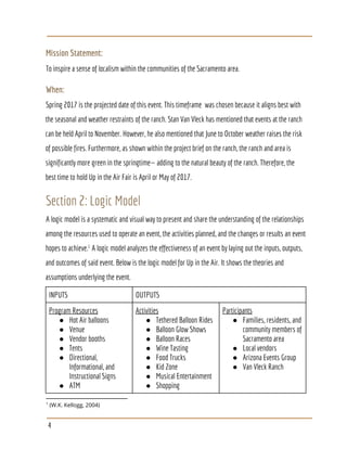 Mission Statement:
To inspire a sense of localism within the communities of the Sacramento area.
When:
Spring 2017 is the projected date of this event. This timeframe was chosen because it aligns best with
the seasonal and weather restraints of the ranch. Stan Van Vleck has mentioned that events at the ranch
can be held April to November. However, he also mentioned that June to October weather raises the risk
of possible fires. Furthermore, as shown within the project brief on the ranch, the ranch and area is
significantly more green in the springtime— adding to the natural beauty of the ranch. Therefore, the
best time to hold Up in the Air Fair is April or May of 2017.
Section 2: Logic Model
A logic model is a systematic and visual way to present and share the understanding of the relationships
among the resources used to operate an event, the activities planned, and the changes or results an event
hopes to achieve. A logic model analyzes the effectiveness of an event by laying out the inputs, outputs,1
and outcomes of said event. Below is the logic model for Up in the Air. It shows the theories and
assumptions underlying the event.
INPUTS OUTPUTS
Program Resources
● Hot Air balloons
● Venue
● Vendor booths
● Tents
● Directional,
Informational, and
Instructional Signs
● ATM
Activities
● Tethered Balloon Rides
● Balloon Glow Shows
● Balloon Races
● Wine Tasting
● Food Trucks
● Kid Zone
● Musical Entertainment
● Shopping
Participants
● Families, residents, and
community members of
Sacramento area
● Local vendors
● Arizona Events Group
● Van Vleck Ranch
1
(W.K. Kellogg, 2004)
4
 