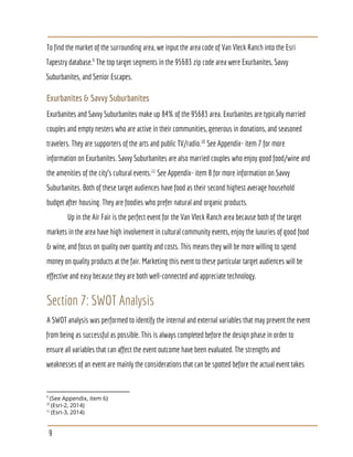 To find the market of the surrounding area, we input the area code of Van Vleck Ranch into the Esri
Tapestry database. The top target segments in the 95683 zip code area were Exurbanites, Savvy9
Suburbanites, and Senior Escapes.
Exurbanites & Savvy Suburbanites
Exurbanites and Savvy Suburbanites make up 84% of the 95683 area. Exurbanites are typically married
couples and empty nesters who are active in their communities, generous in donations, and seasoned
travelers. They are supporters of the arts and public TV/radio. See Appendix- item 7 for more10
information on Exurbanites. Savvy Suburbanites are also married couples who enjoy good food/wine and
the amenities of the city’s cultural events. See Appendix- item 8 for more information on Savvy11
Suburbanites. Both of these target audiences have food as their second highest average household
budget after housing. They are foodies who prefer natural and organic products.
Up in the Air Fair is the perfect event for the Van Vleck Ranch area because both of the target
markets in the area have high involvement in cultural community events, enjoy the luxuries of good food
& wine, and focus on quality over quantity and costs. This means they will be more willing to spend
money on quality products at the fair. Marketing this event to these particular target audiences will be
effective and easy because they are both well-connected and appreciate technology.
Section 7: SWOT Analysis
A SWOT analysis was performed to identify the internal and external variables that may prevent the event
from being as successful as possible. This is always completed before the design phase in order to
ensure all variables that can affect the event outcome have been evaluated. The strengths and
weaknesses of an event are mainly the considerations that can be spotted before the actual event takes
9
​(See Appendix, item 6)
10
​(Esri-2, 2014)
11
​(Esri-3, 2014)
9
 