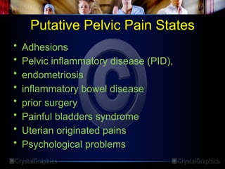 Putative Pelvic Pain States
• Adhesions
• Pelvic inflammatory disease (PID),
• endometriosis
• inflammatory bowel disease
• prior surgery
• Painful bladders syndrome
• Uterian originated pains
• Psychological problems
 