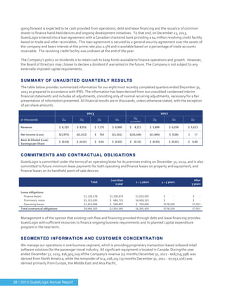  
	
  
going	
  forward	
  is	
  expected	
  to	
  be	
  cash	
  provided	
  from	
  operations,	
  debt	
  and	
  lease	
  financing	
  and	
  the	
  issuance	
  of	
  common	
  
shares	
  to	
  finance	
  hand-­‐held	
  devices	
  and	
  ongoing	
  development	
  initiatives.	
  	
  To	
  that	
  end,	
  on	
  December	
  23,	
  2013,	
  
GuestLogix	
  entered	
  into	
  a	
  loan	
  agreement	
  with	
  a	
  Canadian	
  chartered	
  bank	
  providing	
  a	
  $4	
  million	
  revolving	
  credit	
  facility	
  
based	
  on	
  trade	
  and	
  other	
  receivables.	
  	
  This	
  loan	
  agreement	
  is	
  secured	
  by	
  a	
  general	
  security	
  agreement	
  over	
  the	
  assets	
  of	
  
the	
  company	
  and	
  bears	
  interest	
  at	
  the	
  prime	
  rate	
  plus	
  2.5%	
  and	
  is	
  available	
  based	
  on	
  a	
  percentage	
  of	
  trade	
  accounts	
  
receivable.	
  	
  The	
  revolving	
  credit	
  facility	
  was	
  undrawn	
  at	
  the	
  end	
  of	
  the	
  year.	
  
	
  
The	
  Company’s	
  policy	
  on	
  dividends	
  is	
  to	
  retain	
  cash	
  to	
  keep	
  funds	
  available	
  to	
  finance	
  operations	
  and	
  growth.	
  	
  However,	
  
the	
  Board	
  of	
  Directors	
  may	
  choose	
  to	
  declare	
  a	
  dividend	
  if	
  warranted	
  in	
  the	
  future.	
  The	
  Company	
  is	
  not	
  subject	
  to	
  any	
  
externally	
  imposed	
  capital	
  requirements.	
  
SUMMARY OF UNAUDITED QUARTERLY RESULTS
The	
  table	
  below	
  provides	
  summarized	
  information	
  for	
  our	
  eight	
  most	
  recently	
  completed	
  quarters	
  ended	
  December	
  31,	
  
2013	
  as	
  prepared	
  in	
  accordance	
  with	
  IFRS.	
  The	
  information	
  has	
  been	
  derived	
  from	
  our	
  unaudited	
  condensed	
  interim	
  
financial	
  statements	
  and	
  includes	
  all	
  adjustments,	
  consisting	
  only	
  of	
  normal	
  recurring	
  adjustments,	
  necessary	
  for	
  a	
  fair	
  
presentation	
  of	
  information	
  presented.	
  All	
  financial	
  results	
  are	
  in	
  thousands,	
  unless	
  otherwise	
  stated,	
  with	
  the	
  exception	
  
of	
  per	
  share	
  amounts.	
  
	
  
COMMITMENTS AND CONTRACTUAL OBLIGATIONS
GuestLogix	
  is	
  committed	
  under	
  the	
  terms	
  of	
  an	
  operating	
  lease	
  for	
  its	
  premises	
  ending	
  on	
  December	
  31,	
  2022,	
  and	
  is	
  also	
  
committed	
  to	
  future	
  minimum	
  lease	
  payments	
  for	
  both	
  operating	
  and	
  finance	
  leases	
  on	
  property	
  and	
  equipment,	
  and	
  
finance	
  leases	
  on	
  its	
  handheld	
  point-­‐of-­‐sale	
  devices.	
  
	
  
	
   Total	
  
Less	
  than	
  
1	
  year	
  
1	
  –	
  3	
  years	
   4	
  –	
  5	
  years	
  
After	
  
5	
  years	
  
	
   	
   	
   	
   	
   	
  
Lease	
  obligations:	
   	
   	
   	
   	
   	
  
Finance	
  leases	
   $2,128,378	
   $1,109,873	
   $1,018,505	
   $	
  	
  	
  	
  	
  	
  	
  	
  	
  	
  	
  	
  	
  -­‐	
   $	
  	
  	
  	
  	
  	
  	
  	
  -­‐	
  
Promissory	
  notes	
  	
  	
  	
  	
  	
  	
  	
  	
  	
  	
  	
  	
  	
  	
  	
  	
  	
  	
  	
  	
  	
  	
  	
  	
  	
  	
  	
  	
  	
  	
  	
  	
  	
  	
  	
  	
  	
  	
   $5,113,030	
   $	
  	
  	
  684,715	
   $4,428,315	
   $	
  	
  	
  	
  	
  	
  	
  	
  	
  	
  	
  	
  	
  -­‐	
   $	
  	
  	
  	
  	
  	
  	
  	
  -­‐	
  
Operating	
  leases	
   $1,453,094	
   $	
  	
  	
  508,807	
   $	
  	
  	
  758,606	
   $178,230	
   $7,451	
  
Total	
  contractual	
  obligations	
   $8,694,502	
   $2,303,395	
   $6,205,426	
   $178,230	
   $7,451	
  
	
  
Management	
  is	
  of	
  the	
  opinion	
  that	
  existing	
  cash	
  flow	
  and	
  financing	
  provided	
  through	
  debt	
  and	
  lease	
  financing	
  provides	
  
GuestLogix	
  with	
  sufficient	
  resources	
  to	
  finance	
  ongoing	
  business	
  requirements	
  and	
  its	
  planned	
  capital	
  expenditure	
  
program	
  in	
  the	
  near	
  term.	
  
	
  
SEGMENTED INFORMATION AND CUSTOMER CONCENTRATION
We	
  manage	
  our	
  operations	
  in	
  one	
  business	
  segment,	
  which	
  is	
  providing	
  proprietary	
  transaction-­‐based	
  onboard	
  retail	
  
software	
  solutions	
  for	
  the	
  passenger	
  travel	
  industry.	
  All	
  significant	
  equipment	
  is	
  located	
  in	
  Canada.	
  During	
  the	
  year	
  
ended	
  December	
  31,	
  2013,	
  $16,305,209	
  of	
  the	
  Company’s	
  revenue	
  (13	
  months	
  December	
  31,	
  2012	
  -­‐	
  $18,719,598)	
  was	
  
derived	
  from	
  North	
  America,	
  while	
  the	
  remainder	
  of	
  $14,208,213	
  (13	
  months	
  December	
  31,	
  2012	
  -­‐	
  $7,052,106)	
  was	
  
derived	
  primarily	
  from	
  Europe,	
  the	
  Middle	
  East	
  and	
  Asia	
  Pacific.	
  
	
   	
  
	
   2013	
   2012	
  
In	
  thousands	
   Q4	
   Q3	
   Q2	
   Q1	
   Q4	
  
(4	
  months)	
  
Q3	
   Q2	
   Q1	
  
Revenue	
   $	
  	
  8,323	
   $	
  	
  8,016	
   $	
  	
  7,175	
   $	
  	
  6,999	
   $	
  	
  	
  	
  	
  8,211	
   $	
  	
  5,899	
   $	
  	
  6,039	
   $	
  	
  5,623	
  
Net	
  Income	
  (Loss)	
   $(1,975)	
   $(1,012)	
   $	
  	
  	
  	
  	
  754	
   $(1,561)	
   $(10,169)	
   $(1,969)	
   $	
  	
  (528)	
   $	
  	
  	
  	
  	
  	
  	
  57	
  
Basic	
  &	
  Diluted	
  (Loss)	
  
Earnings	
  per	
  Share	
  
$	
  	
  (0.03)	
   $	
  	
  (0.01)	
   $	
  	
  	
  	
  0.01	
   $	
  	
  (0.02)	
   $	
  	
  	
  	
  (0.15)	
   $	
  	
  (0.03)	
   $	
  	
  (0.01)	
   $	
  	
  	
  	
  0.00	
  
38 / 2013 GuestLogix Annual Report
 