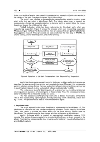  ISSN: 1693-6930
TELKOMNIKA Vol. 15, No. 1, March 2017 : 486 – 493
490
in the input text to Wikipedia page based on the selected tag suggestion(s) which are wanted to
be the tags of the post. This plugin is named Wiki CS Annotation.
The plugin's user interface is displayed in the page of editing a post or creating a new
post, under the text editor in WordPress CMS. This plugin allows user to request tag
suggestion(s), choose tag suggestion(s) given to become tag(s) of a post, delete the chosen
tag(s), and change the threshold value.
TAGME technology which had been implemented on this plugin works when user
requests tag suggestion. Figure 4 shows the process when user request tag suggestion.
Moreover, Figure 4 shows that there are three main processes which are performed to handle
tag suggestion request. These processes are also denoted as the main step in TAGME, i.e.
anchor parsing, anchor disambiguation, and anchor pruning.
Figure 4. Flowchart of the Main Process when User Requests Tag Suggestion
Anchor parsing process queries the anchor dictionary to obtain anchor text records and
searches the occurrence of those anchor text records in the post. Moreover, this process also
perform selection process if more than one anchor text is found, which one of those anchor text
is substring (word-based) of other anchors text, follows what is done by TAGME.
The next process is anchor disambiguation. If an anchor text has more than one sense,
disambiguation is a process of choosing one of those senses. Thus, this process generates a
set of anchor text that is mapped to exactly one sense.
The next process is anchor pruning which aims to discard meaningless annotations.
This is done by calculating a pruning score, then by comparing it with a threshold as done
by TAGME. This process results a set of final annotations for a post.
5. Implementation
The plugin application which was developed is implemented on WordPress 4.1.5. This
plugin can be used after the user installs the plugin by using Add Plugins page on WordPress.
Then, user needs to activate the plugin which can be done through Plugins page on
WordPress. The installation can be done by user who has privilege as an administrator.
Anchor dictionary which is created by preprocessing application contains 1,259
records. This anchor dictionary needs to be imported to WordPress, so it can be used by the
plugin. This importing process can be done by using anchor dictionary importing facility which is
provided by the plugin.
 