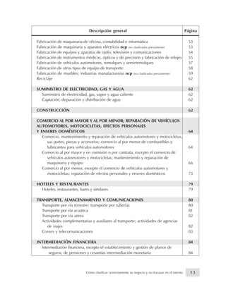 Descripción general Página
Fabricación de maquinaria de oficina, contabilidad e informática 53
Fabricación de maquinaria y aparatos eléctricos ncp (no clasificados previamente) 53
Fabricación de equipos y aparatos de radio, televisión y comunicaciones 54
Fabricación de instrumentos médicos, ópticos y de precisión y fabricación de relojes 55
Fabricación de vehículos automotores, remolques y semirremolques 57
Fabricación de otros tipos de equipo de transporte 58
Fabricación de muebles; industrias manufactureras ncp (no clasificados previamente) 59
Reciclaje 62
SUMINISTRO DE ELECTRICIDAD, GAS Y AGUA 62
Suministro de electricidad, gas, vapor y agua caliente 62
Captación, depuración y distribución de agua 62
CONSTRUCCIÓN 62
COMERCIO AL POR MAYOR Y AL POR MENOR; REPARACIÓN DE VEHÍCULOS
AUTOMOTORES, MOTOCICLETAS, EFECTOS PERSONALES
Y ENSERES DOMÉSTICOS 64
Comercio, mantenimiento y reparación de vehículos automotores y motocicletas,
sus partes, piezas y accesorios; comercio al por menor de combustibles y
lubricantes para vehículos automotores 64
Comercio al por mayor y en comisión o por contrata, excepto el comercio de
vehículos automotores y motocicletas; mantenimiento y reparación de
maquinaria y equipo 66
Comercio al por menor, excepto el comercio de vehículos automotores y
motocicletas; reparación de efectos personales y enseres domésticos 73
HOTELES Y RESTAURANTES 79
Hoteles, restaurantes, bares y similares 79
TRANSPORTE, ALMACENAMIENTO Y COMUNICACIONES 80
Transporte por vía terrestre; transporte por tuberías 80
Transporte por vía acuática 81
Transporte por vía aérea 82
Actividades complementarias y auxiliares al transporte; actividades de agencias
de viajes 82
Correo y telecomunicaciones 83
INTERMEDIACIÓN FINANCIERA 84
Intermediación financiera, excepto el establecimiento y gestión de planos de
seguros, de pensiones y cesantías intermediación monetaria 84
13Cómo clasificar correctamente su negocio y no fracasar en el intento
 