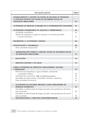 Descripción general Página
ESTABLECIMIENTO Y GESTIÓN DE PLANES DE SEGUROS DE PENSIONES
Y CESANTÍAS EXCEPTO LOS PLANES DE SEGURIDAD SOCIAL DE
AFILIACIÓN OBLIGATORIA 85
ACTIVIDADES DE SERVICIOS AUXILIARES DE LA INTERMEDIACIÓN FINANCIERA 85
ACTIVIDADES INMOBILIARIAS DE ALQUILER Y EMPRESARIALES 86
Actividades inmobiliarias 86
Alquiler de maquinaria y equipo sin operarios y de efectos personales
y enseres domésticos 87
INFORMÁTICA Y ACTIVIDADES CONEXAS 88
INVESTIGACIÓN Y DESARROLLO 88
Otras actividades empresariales 89
ADMINISTRACIÓN PÚBLICA Y DEFENSA, PLANES DE SEGURIDAD SOCIAL
DE AFILIACIÓN OBLIGATORIA 91
EDUCACIÓN 92
SERVICIOS SOCIALES Y DE SALUD 93
OTRAS ACTIVIDADES DE SERVICIOS COMUNITARIOS, SOCIALES
Y PERSONALES 94
Eliminación de desperdicios y aguas residuales, saneamiento
y actividades similares 94
Actividades de asociaciones ncp (no clasificados previamente) 94
Actividades de esparcimiento y actividades culturales y deportivas 95
Otras actividades de servicios 96
ACTIVIDADES DE HOGARES PRIVADOS COMO EMPLEADORES DE
PERSONAL DOMÉSTICO 96
Actividades no diferenciadas de hogares privados como productores de bienes
para uso propio 96
Actividades no diferenciadas de hogares privados como productores de servicio
para uso propio 96
ORGANIZACIONES Y ÓRGANOS EXTRATERRITORIALES 96
14 Cómo clasificar correctamente su negocio y no fracasar en el intento
 