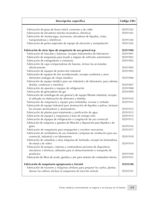 Fabricación de grúas de brazo móvil, corrientes y de cable D291502
Fabricación de elevadores móviles neumáticos, eléctricos D291503
Fabricación de montacargas, ascensores, elevadores de líquidos, cintas
transportadoras y teleféricos D291504
Fabricación de partes especiales de equipo de elevación y manipulación D291505
Fabricación de otros tipos de maquinaria de uso general ncp D291900
Fabricación de básculas y balanzas, excepto instrumentos de laboratorio D291901
Fabricación de maquinaria para lavado y engrase de vehículos automotores D291902
Fabricación de extinguidores o extintores D291903
Fabricación de cajas compactadoras de basuras, incluso las accionadas
eléctricamente D291904
Fabricación de equipos de protección industrial D291905
Fabricación de equipos de aire acondicionado, excepto conductos y otros
elementos análogos de chapa metálica D291906
Fabricación de equipo metálico para uso industrial y de laboratorio, para calentar,
destilar, condensar y esterilizar D291907
Fabricación de aparatos y equipos de refrigeración D291908
Fabricación de generadores de gas D291909
Fabricación de centrífugas de uso general y de equipo filtrante industrial, excepto
el utilizado en elaboración de alimentos y bebidas D291910
Fabricación de maquinaria y equipo para embotellar, envasar y embalar D291911
Fabricación de equipo industrial para atomización de líquidos o polvos, incluyen
los envases atomizadores y atomizadores D291912
Fabricación de plantas para tratamiento y purificación de agua D291913
Fabricación de equipos y maquinaria a base de energía solar D291914
Fabricación de equipos de refrigeración o congelación de uso comercial D291915
Fabricación de máquinas y aparatos de filtración y depuración para líquidos y de
gases D291916
Fabricación de maquinaria para empaquetar y envolver mercancías D291917
Fabricación de ventiladores de uso industrial, campanas de ventilación para uso
comercial, industrial y en laboratorios D291918
Fabricación de calandrias y otras máquinas de laminado, excepto las laminadoras
de metal y de vidrio D291919
Fabricación de tanques, cisternas y contenedores provistos de dispositivos
mecánicos o térmicos, utilizados para el almacenamiento o transporte de
productos D291920
Fabricación de filtros de aceite, gasolina y aire para motores de combustión interna D291921
Fabricación de maquinaria agropecuaria y forestal D292100
Fabricación de tractores y máquinas similares para preparar los suelos, plantar,
abonar los cultivos (incluye la maquinaria de tracción animal) D292101
Descripción específica Código CIIU
49Cómo clasificar correctamente su negocio y no fracasar en el intento
 
