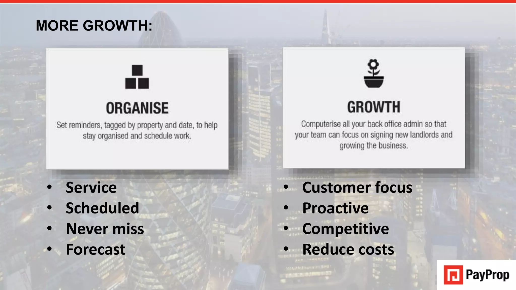 • Customer focus
• Proactive
• Competitive
• Reduce costs
MORE GROWTH:
• Service
• Scheduled
• Never miss
• Forecast
 