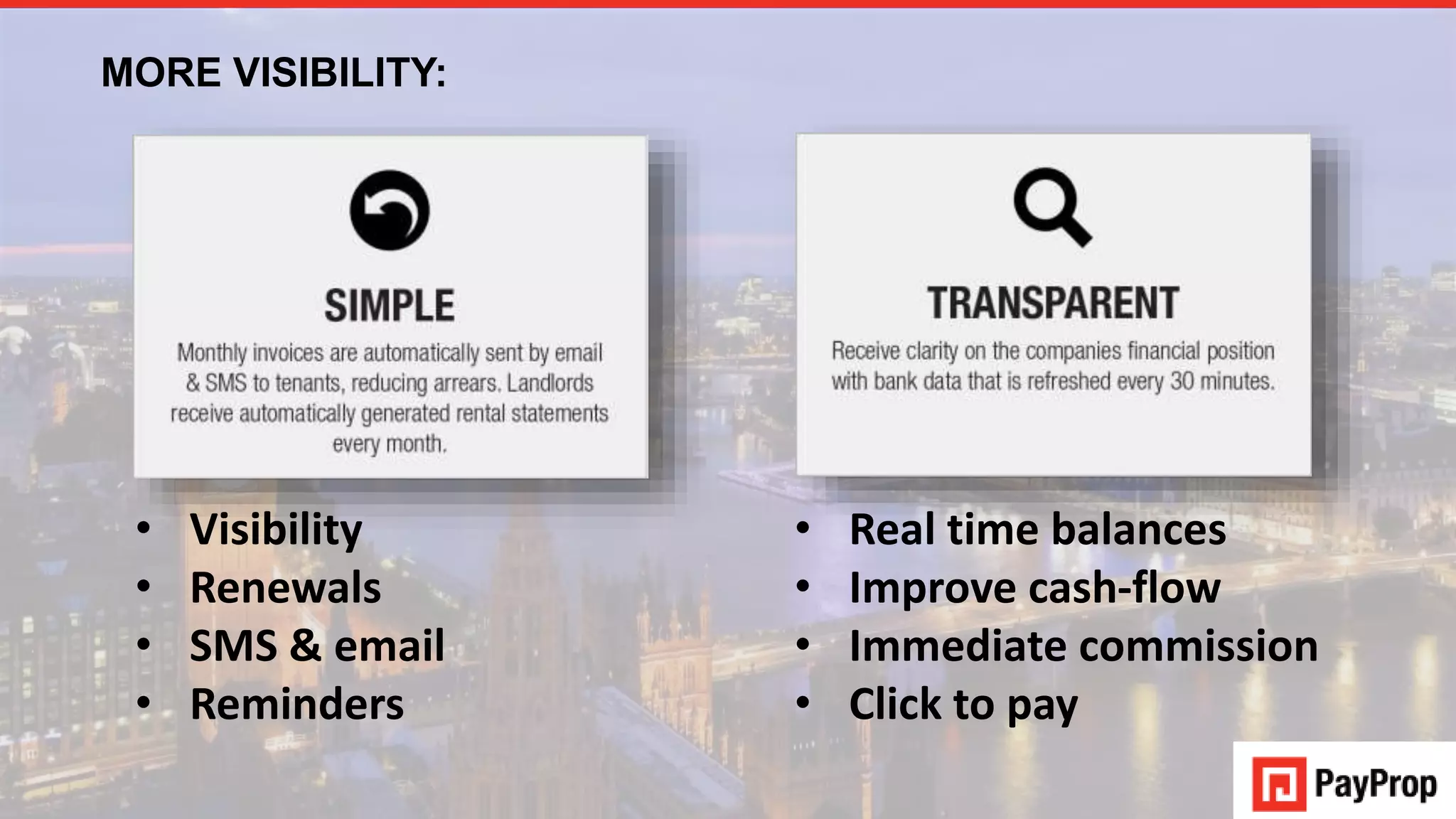 • Visibility
• Renewals
• SMS & email
• Reminders
MORE VISIBILITY:
• Real time balances
• Improve cash-flow
• Immediate commission
• Click to pay
 