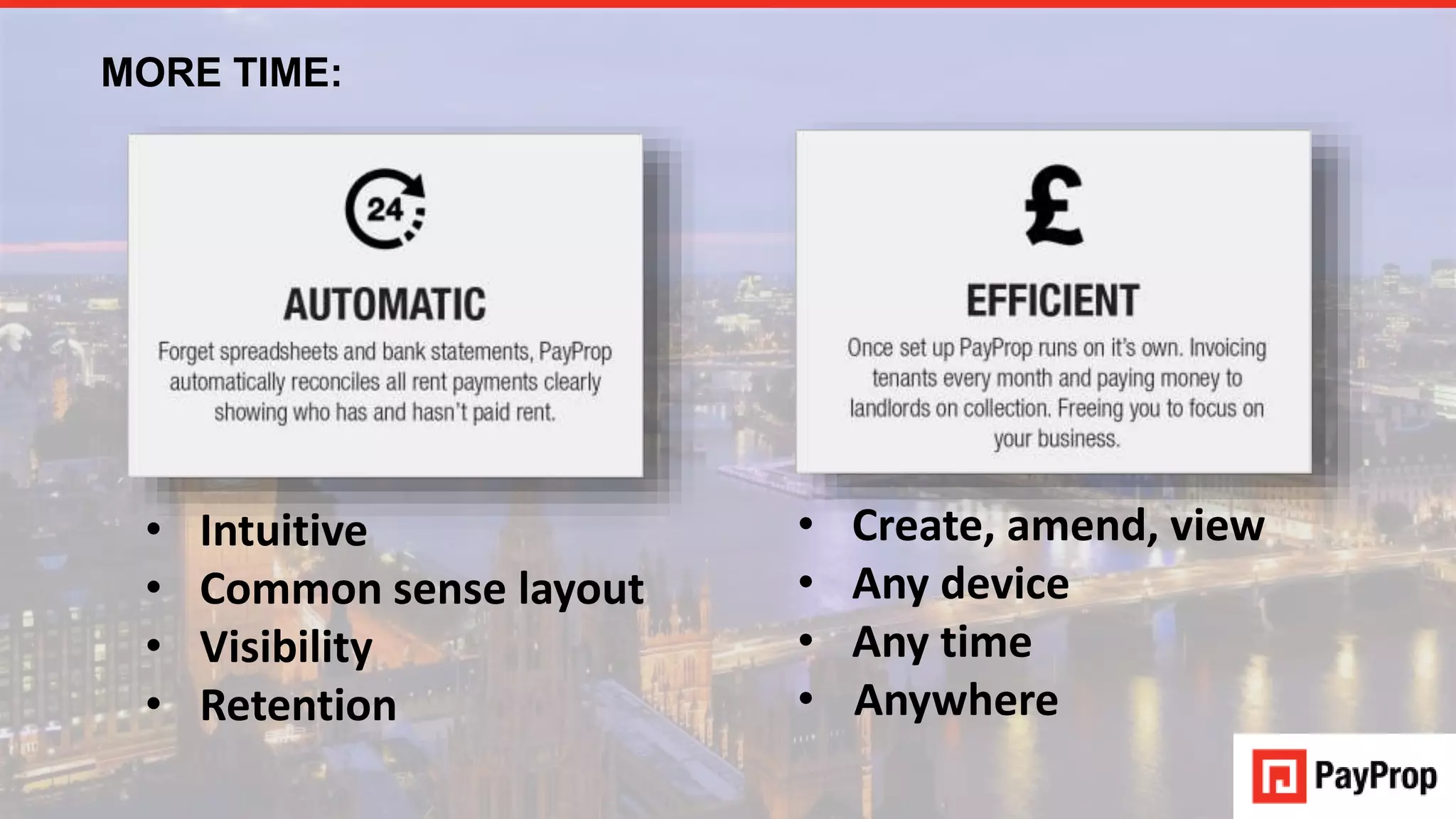 • Intuitive
• Common sense layout
• Visibility
• Retention
MORE TIME:
• Create, amend, view
• Any device
• Any time
• Anywhere
 