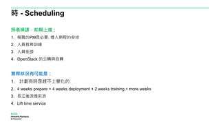 時 - Scheduling
照表操課，如期上線：
1. 稱職的PM是必要, 導入期程的安排
2. 人員教育訓練
3. 人員銜接
4. OpenStack 的公轉與自轉
實際狀況有可能是：
1. 計劃有時是趕不上變化的
2. 4 weeks prepare + 4 weeks deployment + 2 weeks training + more weeks
3. 長江後浪推前浪
4. Lift time service
 