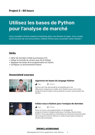 Développement d’une application avec Python 4
Project 2 - 60 hours
Utilisez les bases de Python
pour l'analyse de marché
Vous travaillez comme analyste marketing dans une librairie en ligne. Vous voulez
suivre les prix de vos concurrents. Utilisez Python pour accomplir cette mission !
Skills
Gérer les données à l'aide du processus ETL
Utiliser le contrôle de version avec Git et GitHub
Appliquer les bases de la programmation en Python
Configurer un environnement Python
Associated courses
Apprenez les bases du langage Python
Easy 6 hours
Python est très demandé et accessible pour les
débutants. Apprenez à coder avec Python pour écrire des
programmes simples mais puissants, et pour automatiser les
tâches.
Initiez-vous à Python pour l'analyse de données
Easy 6 hours
Dans ce cours, vous apprendrez un langage de
programmation indispensable pour l’analyse de données :
Python. Nous aborderons ensemble les notions fondamentales
de la programmation Python, à l’aide d’exemples simples et
d’exercices pratiques.
 