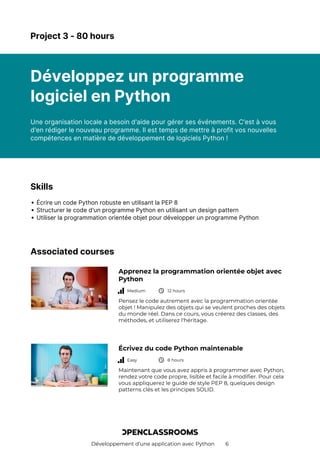 Développement d’une application avec Python 6
Project 3 - 80 hours
Développez un programme
logiciel en Python
Une organisation locale a besoin d'aide pour gérer ses événements. C'est à vous
d'en rédiger le nouveau programme. Il est temps de mettre à profit vos nouvelles
compétences en matière de développement de logiciels Python !
Skills
Écrire un code Python robuste en utilisant la PEP 8
Structurer le code d'un programme Python en utilisant un design pattern
Utiliser la programmation orientée objet pour développer un programme Python
Associated courses
Apprenez la programmation orientée objet avec
Python
Medium 12 hours
Pensez le code autrement avec la programmation orientée
objet ! Manipulez des objets qui se veulent proches des objets
du monde réel. Dans ce cours, vous créerez des classes, des
méthodes, et utiliserez l'héritage.
Écrivez du code Python maintenable
Easy 8 hours
Maintenant que vous avez appris à programmer avec Python,
rendez votre code propre, lisible et facile à modifier. Pour cela
vous appliquerez le guide de style PEP 8, quelques design
patterns clés et les principes SOLID.
 