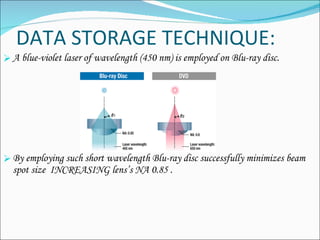 DATA STORAGE TECHNIQUE: A blue-violet laser of wavelength (450 nm) is employed on Blu-ray disc. By employing such short wavelength Blu-ray disc successfully minimizes beam spot size  INCREASING lens’s NA 0.85 . 