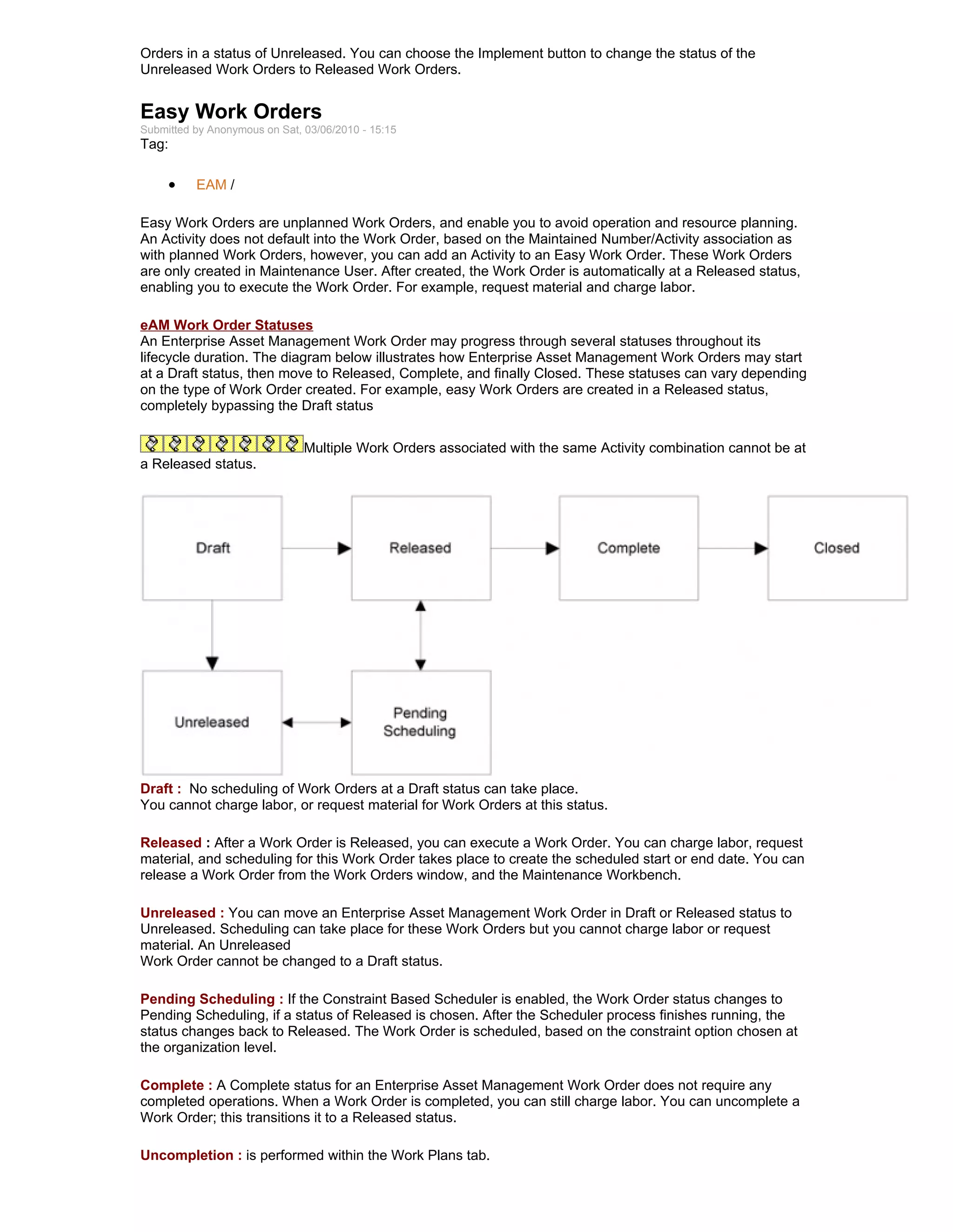 Orders in a status of Unreleased. You can choose the Implement button to change the status of the
Unreleased Work Orders to Released Work Orders.


Easy Work Orders
Submitted by Anonymous on Sat, 03/06/2010 - 15:15
Tag:

     •    EAM /

Easy Work Orders are unplanned Work Orders, and enable you to avoid operation and resource planning.
An Activity does not default into the Work Order, based on the Maintained Number/Activity association as
with planned Work Orders, however, you can add an Activity to an Easy Work Order. These Work Orders
are only created in Maintenance User. After created, the Work Order is automatically at a Released status,
enabling you to execute the Work Order. For example, request material and charge labor.

eAM Work Order Statuses
An Enterprise Asset Management Work Order may progress through several statuses throughout its
lifecycle duration. The diagram below illustrates how Enterprise Asset Management Work Orders may start
at a Draft status, then move to Released, Complete, and finally Closed. These statuses can vary depending
on the type of Work Order created. For example, easy Work Orders are created in a Released status,
completely bypassing the Draft status


                               Multiple Work Orders associated with the same Activity combination cannot be at
a Released status.




Draft : No scheduling of Work Orders at a Draft status can take place.
You cannot charge labor, or request material for Work Orders at this status.

Released : After a Work Order is Released, you can execute a Work Order. You can charge labor, request
material, and scheduling for this Work Order takes place to create the scheduled start or end date. You can
release a Work Order from the Work Orders window, and the Maintenance Workbench.

Unreleased : You can move an Enterprise Asset Management Work Order in Draft or Released status to
Unreleased. Scheduling can take place for these Work Orders but you cannot charge labor or request
material. An Unreleased
Work Order cannot be changed to a Draft status.

Pending Scheduling : If the Constraint Based Scheduler is enabled, the Work Order status changes to
Pending Scheduling, if a status of Released is chosen. After the Scheduler process finishes running, the
status changes back to Released. The Work Order is scheduled, based on the constraint option chosen at
the organization level.

Complete : A Complete status for an Enterprise Asset Management Work Order does not require any
completed operations. When a Work Order is completed, you can still charge labor. You can uncomplete a
Work Order; this transitions it to a Released status.

Uncompletion : is performed within the Work Plans tab.
 