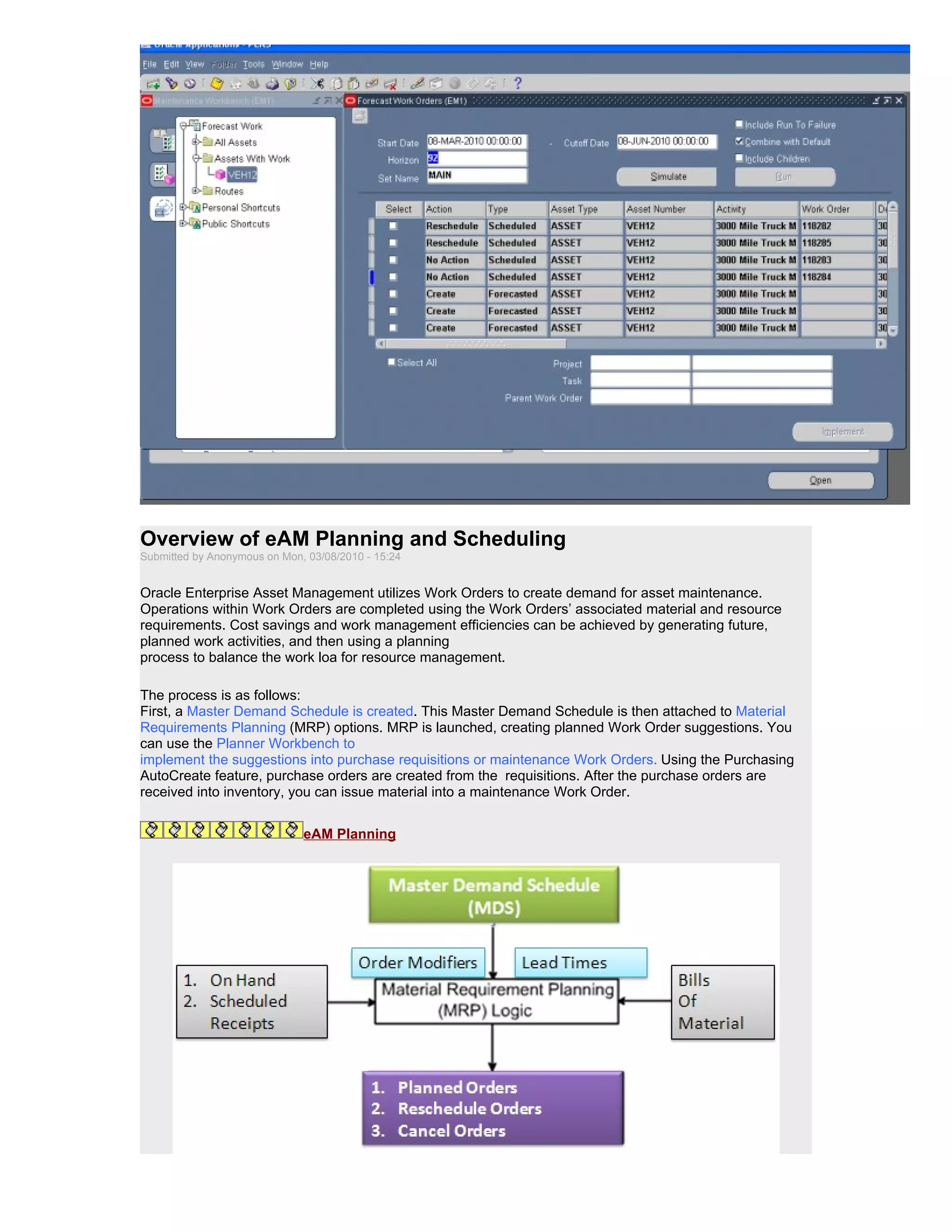 Overview of eAM Planning and Scheduling
Submitted by Anonymous on Mon, 03/08/2010 - 15:24


Oracle Enterprise Asset Management utilizes Work Orders to create demand for asset maintenance.
Operations within Work Orders are completed using the Work Orders’ associated material and resource
requirements. Cost savings and work management efficiencies can be achieved by generating future,
planned work activities, and then using a planning
process to balance the work loa for resource management.

The process is as follows:
First, a Master Demand Schedule is created. This Master Demand Schedule is then attached to Material
Requirements Planning (MRP) options. MRP is launched, creating planned Work Order suggestions. You
can use the Planner Workbench to
implement the suggestions into purchase requisitions or maintenance Work Orders. Using the Purchasing
AutoCreate feature, purchase orders are created from the requisitions. After the purchase orders are
received into inventory, you can issue material into a maintenance Work Order.


                              eAM Planning
 