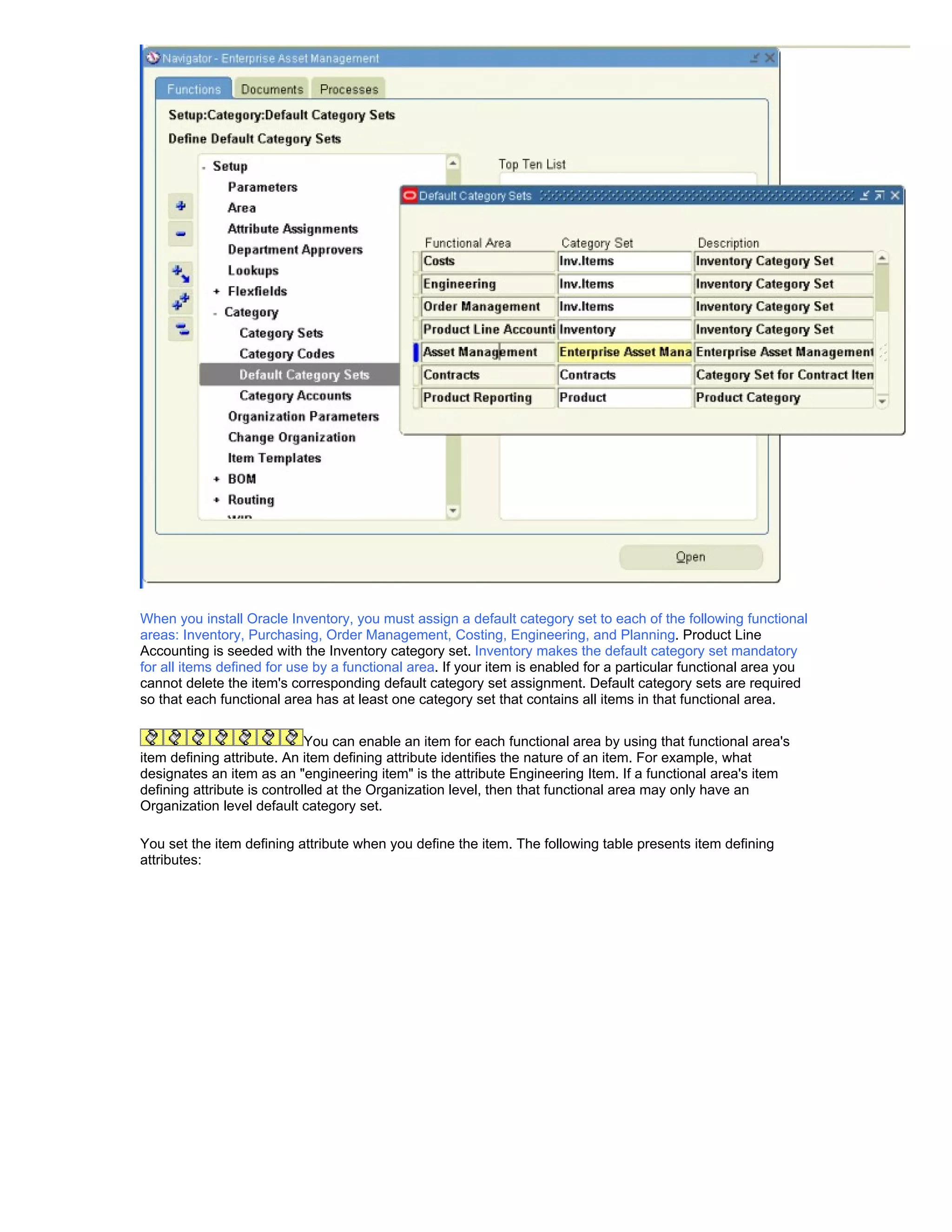 When you install Oracle Inventory, you must assign a default category set to each of the following functional
areas: Inventory, Purchasing, Order Management, Costing, Engineering, and Planning. Product Line
Accounting is seeded with the Inventory category set. Inventory makes the default category set mandatory
for all items defined for use by a functional area. If your item is enabled for a particular functional area you
cannot delete the item's corresponding default category set assignment. Default category sets are required
so that each functional area has at least one category set that contains all items in that functional area.


                             You can enable an item for each functional area by using that functional area's
item defining attribute. An item defining attribute identifies the nature of an item. For example, what
designates an item as an "engineering item" is the attribute Engineering Item. If a functional area's item
defining attribute is controlled at the Organization level, then that functional area may only have an
Organization level default category set.

You set the item defining attribute when you define the item. The following table presents item defining
attributes:
 