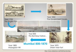 Year 800
The Bombay harbor..
Year 1852
The Government house..
Year 1870
Street near Fort
Year 1883
Mazagaon Hill
http://www.slideshare.net/McAfnan/bombay
Mumbai 800-1870
Year 1700
The English Fort
 
