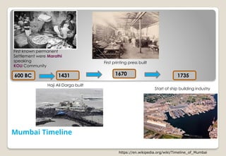 Mumbai Timeline
1431
First known permanent
Settlement were Marathi
speaking
KOLI Community
600 BC
Haji Ali Darga built
1735
First printing press built
https://en.wikipedia.org/wiki/Timeline_of_Mumbai
1670
Start of ship building industry
 