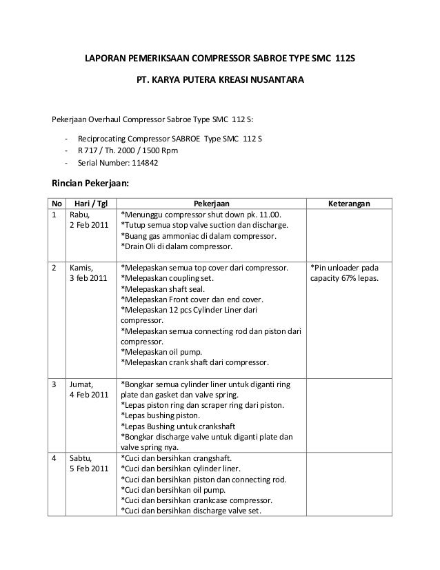 Laporan Pekerjaan Overhaul Sabroe 2 9 02 11 Plant 2