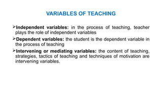 VARIABLES OF TEACHING
Independent variables: in the process of teaching, teacher
plays the role of independent variables
Dependent variables: the student is the dependent variable in
the process of teaching
Intervening or mediating variables: the content of teaching,
strategies, tactics of teaching and techniques of motivation are
intervening variables.
 