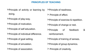 PRINCIPLES OF TEACHING
Principle of activity or learning by
doing.
Principle of play-way.
Principle of motivation.
Principle of self education.
Principle of individual difference.
Principle of goal setting.
Principle of simulation.
Principle of association.
Principle of readiness.
 Principle of effect.
Principle of exercise & repetition.
Principle of change or rest.
Principle of feedback &
reinforcement.
Principle of training of senses.
Principle of group dynamics.
 Principle of creativity.
 