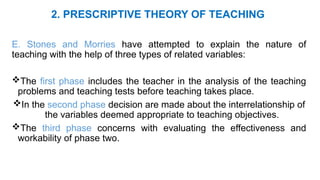 2. PRESCRIPTIVE THEORY OF TEACHING
E. Stones and Morries have attempted to explain the nature of
teaching with the help of three types of related variables:
The first phase includes the teacher in the analysis of the teaching
problems and teaching tests before teaching takes place.
In the second phase decision are made about the interrelationship of
the variables deemed appropriate to teaching objectives.
The third phase concerns with evaluating the effectiveness and
workability of phase two.
 