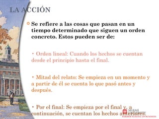 LA ACCIÓN
      Se refiere a las cosas que pasan en un
       tiempo determinado que siguen un orden
       concreto. Estos pueden ser de:


       • Orden lineal: Cuando los hechos se cuentan
       desde el principio hasta el final.


       • Mitad del relato: Se empieza en un momento y
       a partir de él se cuenta lo que pasó antes y
       después.


       • Por el final: Se empieza por el final y, a
       continuación, se cuentan los hechos anteriores.
 