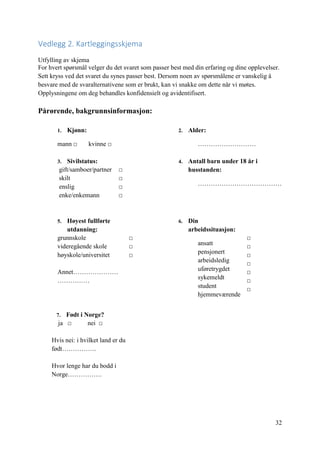 32
Vedlegg 2. Kartleggingsskjema
Utfylling av skjema
For hvert spørsmål velger du det svaret som passer best med din erfaring og dine opplevelser.
Sett kryss ved det svaret du synes passer best. Dersom noen av spørsmålene er vanskelig å
besvare med de svaralternativene som er brukt, kan vi snakke om dette når vi møtes.
Opplysningene om deg behandles konfidensielt og avidentifisert.
Pårørende, bakgrunnsinformasjon:
1. Kjønn:
mann □ kvinne □
2. Alder:
………………………
3. Sivilstatus:
gift/samboer/partner
skilt
enslig
enke/enkemann
□
□
□
□
4. Antall barn under 18 år i
husstanden:
…………………………………
5. Høyest fullførte
utdanning:
grunnskole
videregående skole
høyskole/universitet
Annet…………………
……………
□
□
□
6. Din
arbeidssituasjon:
ansatt
pensjonert
arbeidsledig
uføretrygdet
sykemeldt
student
hjemmeværende
□
□
□
□
□
□
□
7. Født i Norge?
ja □ nei □
Hvis nei: i hvilket land er du
født…………….
Hvor lenge har du bodd i
Norge…………….
 