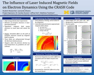 The Influence of Laser Induced Magnetic Fields
on Electron Dynamics Using the CRASH Code
• High-energy-density laser experiments
• Behavior of energetic electrons in laser-
generated plasmas
• Hypothesis: magnetic field causes
electrons to travel back and reheat the
foil
• Project: Simulated effect on the path of
energetic electrons caused by magnetic
fields in plasma
• These fields are self-generated through
the Biermann battery process
• Happens when the electron density (ne)
and temperature (Te) gradients are non-
collinear:
Introduction
• The magnetic field does not affect the path
of electrons enough to cause additional
interactions with foil.
Conclusion
• Initial angles: 0°•, 15°•, 30°•, 45°•, 60°•
• Background: magnetic field at 1.0 ns
• Electron paths:
Results
• Since plasma is moving, cannot obtain B
by integration
• Used alternative formula to approximate
magnetic field, where:
 Ion mass (mi )
 Plasma’s vorticity (ξ)
 Charge state (Z)
• Numerical integration by center-difference
smoothed with the Robert-Asselin time
filter
• Accounted for relativistic effects by using
the Lorentz factor
Method for Tracking Electron
Calculating the Magnetic Field
Te: ne:
Countour plots (log-scale) of Te and ne at 0.4 ns
This work is funded by the NNSA-DS and SC-OFES Joint Program in High-Energy-Density
Laboratory Plasmas, grant number DE-NA0002956.
1. E. Kalnay (2012). “Initial value problems: numerical solution”. In Atmospheric
Modeling, Data Assimilation, and Predictability (3.2).
2. M. Manuel, C. Li, F. Séguin, J. Frenje, D. Casey et al (2012). “Rayleigh-Taylor-induced
magnetic fields in laser-irradiated plastic foils.” Physics of Plasmas 19.
Acknowledgements
Student Researcher: Leonardo Oliveira
Project Sponsors: Dr. Carolyn Kuranz1, Jeffrey Fein2, Matthew Trantham1
1. Department of Climate & Space Sciences and Engineering; 2. Department of Nuclear Engineering and Radiological Sciences
Te and ne
1 keV:
49 keV:
16 keV:
100 keV:
Log-scale plot of magnetic field (Tesla) at 0.4 ns
 