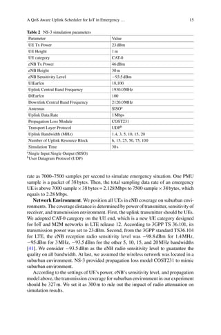 A QoS Aware Uplink Scheduler for IoT in Emergency … 15
Table 2 NS-3 simulation parameters
Parameter Value
UE Tx Power 23dBm
UE Height 1m
UE category CAT-0
eNB Tx Power 46dBm
eNB Height 30m
eNB Sensitivity Level −93.5dBm
UlEarfcn 18,100
Uplink Central Band Frequency 1930.0MHz
DlEarfcn 100
Downlink Central Band Frequency 2120.0MHz
Antennas SISOa
Uplink Data Rate 1Mbps
Propagation Loss Module COST231
Transport Layer Protocol UDPb
Uplink Bandwidth (MHz) 1.4, 3, 5, 10, 15, 20
Number of Uplink Resource Block 6, 15, 25, 50, 75, 100
Simulation Time 30s
aSingle Input Single Output (SISO)
bUser Datagram Protocol (UDP)
rate as 7000–7500 samples per second to simulate emergency situation. One PMU
sample is a packet of 38bytes. Then, the total sampling data rate of an emergency
UE is above 7000 sample×38bytes = 2.128Mbps to 7500 sample×38bytes, which
equals to 2.28Mbps.
Network Environment. We position all UEs in eNB coverage on suburban envi-
ronments. The coverage distance is determined by power of transmitter, sensitivity of
receiver, and transmission environment. First, the uplink transmitter should be UEs.
We adopted CAT-0 category on the UE end, which is a new UE category designed
for IoT and M2M networks in LTE release 12. According to 3GPP TS 36.101, its
transmission power was set to 23dBm. Second, from the 3GPP standard TS36.104
for LTE, the eNB reception radio sensitivity level was −98.8dBm for 1.4MHz,
−95dBm for 3MHz, −93.5dBm for the other 5, 10, 15, and 20MHz bandwidths
[41]. We consider −93.5dBm as the eNB radio sensitivity level to guarantee the
quality on all bandwidth. At last, we assumed the wireless network was located in a
suburban environment. NS-3 provided propagation loss model COST231 to mimic
suburban environment.
According to the settings of UE’s power, eNB’s sensitivity level, and propagation
model above, the transmission coverage for suburban environment in our experiment
should be 327m. We set it as 300m to rule out the impact of radio attenuation on
simulation results.
 