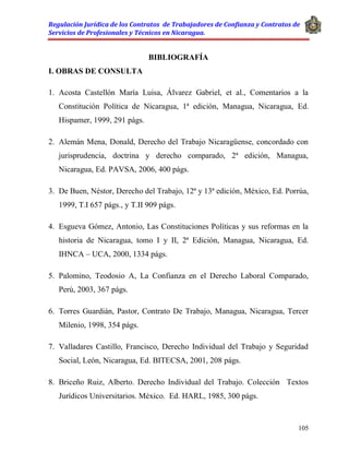 Regulación Jurídica de los Contratos de Trabajadores de Confianza y Contratos de
Servicios de Profesionales y Técnicos en Nicaragua.
105
BIBLIOGRAFÍA
I. OBRAS DE CONSULTA
1. Acosta Castellón María Luisa, Álvarez Gabriel, et al., Comentarios a la
Constitución Política de Nicaragua, 1ª edición, Managua, Nicaragua, Ed.
Hispamer, 1999, 291 págs.
2. Alemán Mena, Donald, Derecho del Trabajo Nicaragüense, concordado con
jurisprudencia, doctrina y derecho comparado, 2ª edición, Managua,
Nicaragua, Ed. PAVSA, 2006, 400 págs.
3. De Buen, Néstor, Derecho del Trabajo, 12ª y 13ª edición, México, Ed. Porrúa,
1999, T.I 657 págs., y T.II 909 págs.
4. Esgueva Gómez, Antonio, Las Constituciones Políticas y sus reformas en la
historia de Nicaragua, tomo I y II, 2ª Edición, Managua, Nicaragua, Ed.
IHNCA – UCA, 2000, 1334 págs.
5. Palomino, Teodosio A, La Confianza en el Derecho Laboral Comparado,
Perú, 2003, 367 págs.
6. Torres Guardián, Pastor, Contrato De Trabajo, Managua, Nicaragua, Tercer
Milenio, 1998, 354 págs.
7. Valladares Castillo, Francisco, Derecho Individual del Trabajo y Seguridad
Social, León, Nicaragua, Ed. BITECSA, 2001, 208 págs.
8. Briceño Ruiz, Alberto. Derecho Individual del Trabajo. Colección Textos
Jurídicos Universitarios. México. Ed. HARL, 1985, 300 págs.
 