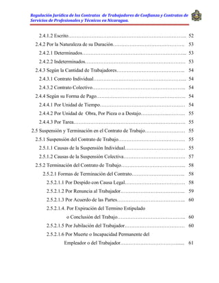 Regulación Jurídica de los Contratos de Trabajadores de Confianza y Contratos de
Servicios de Profesionales y Técnicos en Nicaragua.
2.4.1.2 Escrito…………………………………………………………….. 52
2.4.2 Por la Naturaleza de su Duración……………………………………. 53
2.4.2.1 Determinados……………………………………………………... 53
2.4.2.2 Indeterminados…………………………………………………… 53
2.4.3 Según la Cantidad de Trabajadores………………………………….. 54
2.4.3.1 Contrato Individual……………………………………………….. 54
2.4.3.2 Contrato Colectivo……………………………………………….. 54
2.4.4 Según su Forma de Pago…….……………………………………….. 54
2.4.4.1 Por Unidad de Tiempo…………………………………………… 54
2.4.4.2 Por Unidad de Obra, Por Pieza o a Destajo……………..………. 55
2.4.4.3 Por Tarea…………………………………………………………. 55
2.5 Suspensión y Terminación en el Contrato de Trabajo…………………… 55
2.5.1 Suspensión del Contrato de Trabajo…………………………………. 55
2.5.1.1 Causas de la Suspensión Individual……………………………… 55
2.5.1.2 Causas de la Suspensión Colectiva………………………………. 57
2.5.2 Terminación del Contrato de Trabajo………………………………... 58
2.5.2.1 Formas de Terminación del Contrato………………………….. 58
2.5.2.1.1 Por Despido con Causa Legal……………………………… 58
2.5.2.1.2 Por Renuncia al Trabajador………………………………... 59
2.5.2.1.3 Por Acuerdo de las Partes………………………………….. 60
2.5.2.1.4. Por Expiración del Termino Estipulado
o Conclusión del Trabajo………………………………….. 60
2.5.2.1.5 Por Jubilación del Trabajador……………………………… 60
2.5.2.1.6 Por Muerte o Incapacidad Permanente del
Empleador o del Trabajador……………………………....... 61
 