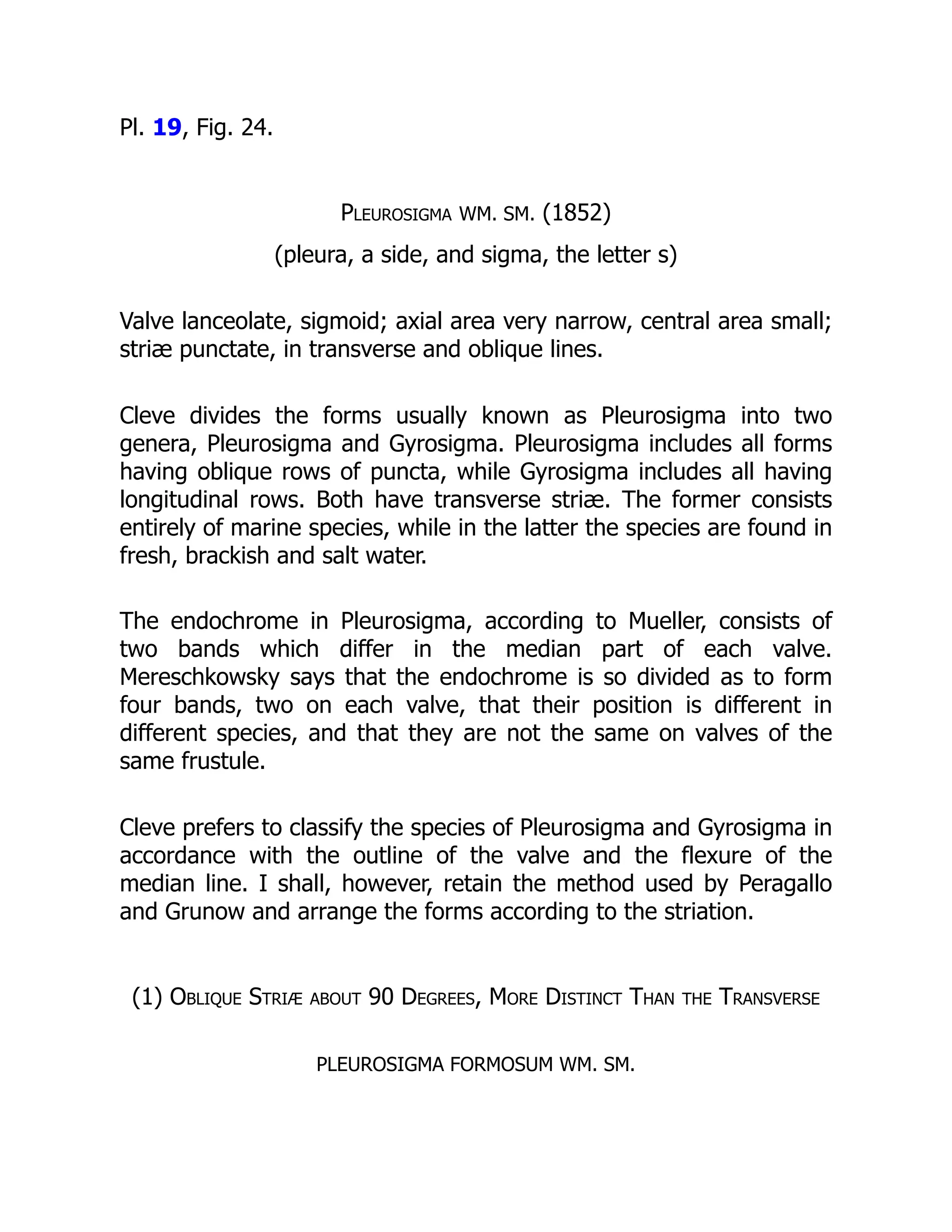 Pl. 19, Fig. 24.
Pleurosigma WM. SM. (1852)
(pleura, a side, and sigma, the letter s)
Valve lanceolate, sigmoid; axial area very narrow, central area small;
striæ punctate, in transverse and oblique lines.
Cleve divides the forms usually known as Pleurosigma into two
genera, Pleurosigma and Gyrosigma. Pleurosigma includes all forms
having oblique rows of puncta, while Gyrosigma includes all having
longitudinal rows. Both have transverse striæ. The former consists
entirely of marine species, while in the latter the species are found in
fresh, brackish and salt water.
The endochrome in Pleurosigma, according to Mueller, consists of
two bands which differ in the median part of each valve.
Mereschkowsky says that the endochrome is so divided as to form
four bands, two on each valve, that their position is different in
different species, and that they are not the same on valves of the
same frustule.
Cleve prefers to classify the species of Pleurosigma and Gyrosigma in
accordance with the outline of the valve and the flexure of the
median line. I shall, however, retain the method used by Peragallo
and Grunow and arrange the forms according to the striation.
(1) Oblique Striæ about 90 Degrees, More Distinct Than the Transverse
PLEUROSIGMA FORMOSUM WM. SM.
 