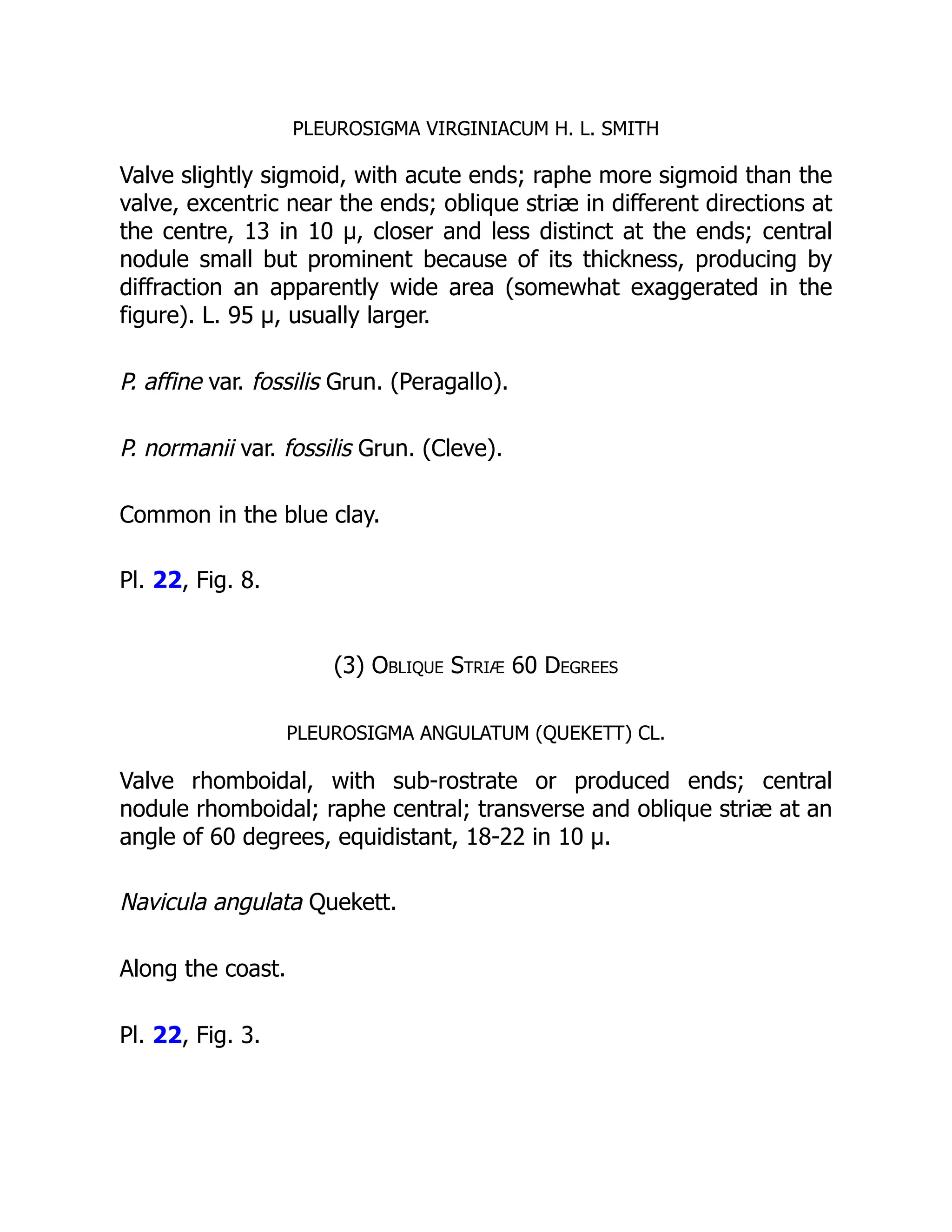 PLEUROSIGMA VIRGINIACUM H. L. SMITH
Valve slightly sigmoid, with acute ends; raphe more sigmoid than the
valve, excentric near the ends; oblique striæ in different directions at
the centre, 13 in 10 µ, closer and less distinct at the ends; central
nodule small but prominent because of its thickness, producing by
diffraction an apparently wide area (somewhat exaggerated in the
figure). L. 95 µ, usually larger.
P. affine var. fossilis Grun. (Peragallo).
P. normanii var. fossilis Grun. (Cleve).
Common in the blue clay.
Pl. 22, Fig. 8.
(3) Oblique Striæ 60 Degrees
PLEUROSIGMA ANGULATUM (QUEKETT) CL.
Valve rhomboidal, with sub-rostrate or produced ends; central
nodule rhomboidal; raphe central; transverse and oblique striæ at an
angle of 60 degrees, equidistant, 18-22 in 10 µ.
Navicula angulata Quekett.
Along the coast.
Pl. 22, Fig. 3.
 