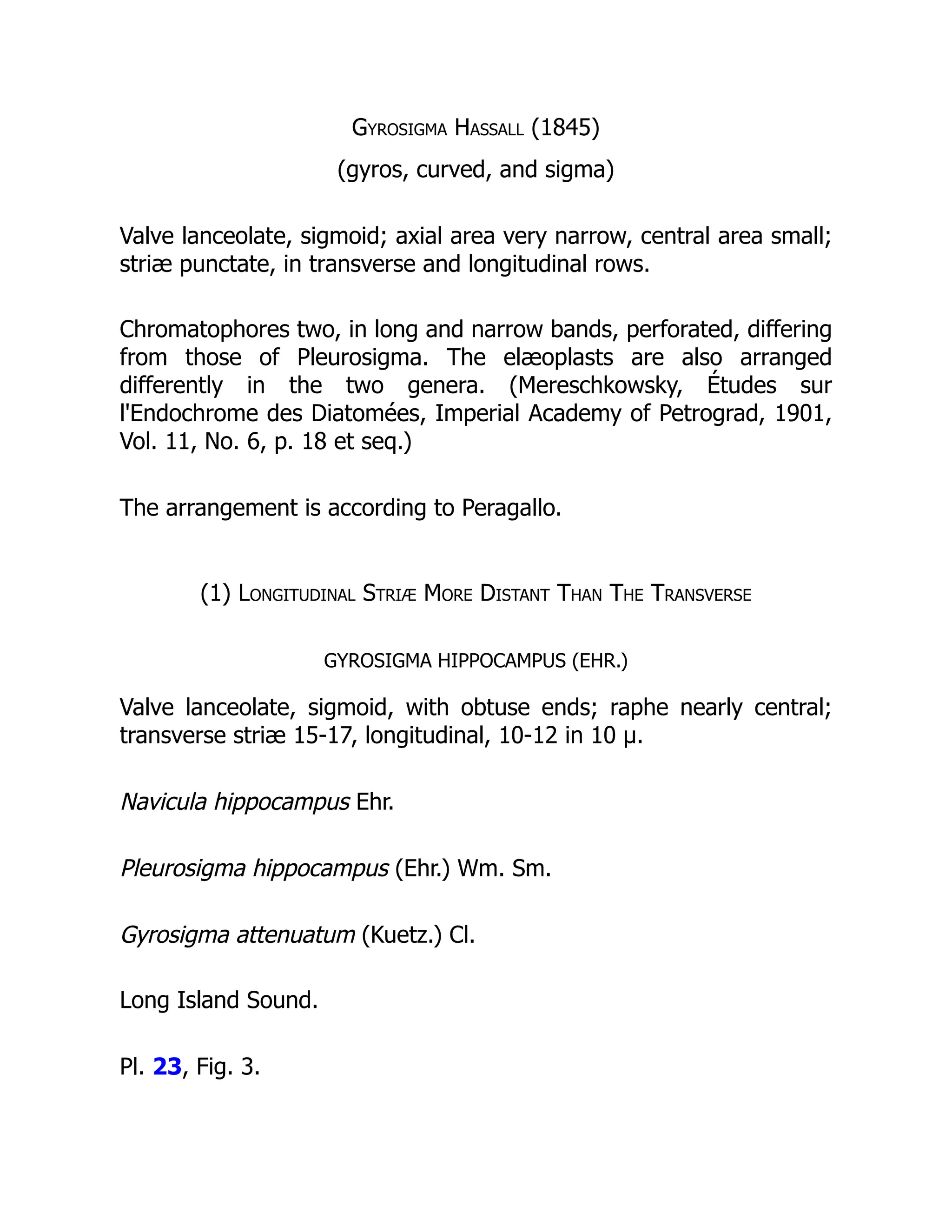 Gyrosigma Hassall (1845)
(gyros, curved, and sigma)
Valve lanceolate, sigmoid; axial area very narrow, central area small;
striæ punctate, in transverse and longitudinal rows.
Chromatophores two, in long and narrow bands, perforated, differing
from those of Pleurosigma. The elæoplasts are also arranged
differently in the two genera. (Mereschkowsky, Études sur
l'Endochrome des Diatomées, Imperial Academy of Petrograd, 1901,
Vol. 11, No. 6, p. 18 et seq.)
The arrangement is according to Peragallo.
(1) Longitudinal Striæ More Distant Than The Transverse
GYROSIGMA HIPPOCAMPUS (EHR.)
Valve lanceolate, sigmoid, with obtuse ends; raphe nearly central;
transverse striæ 15-17, longitudinal, 10-12 in 10 µ.
Navicula hippocampus Ehr.
Pleurosigma hippocampus (Ehr.) Wm. Sm.
Gyrosigma attenuatum (Kuetz.) Cl.
Long Island Sound.
Pl. 23, Fig. 3.
 