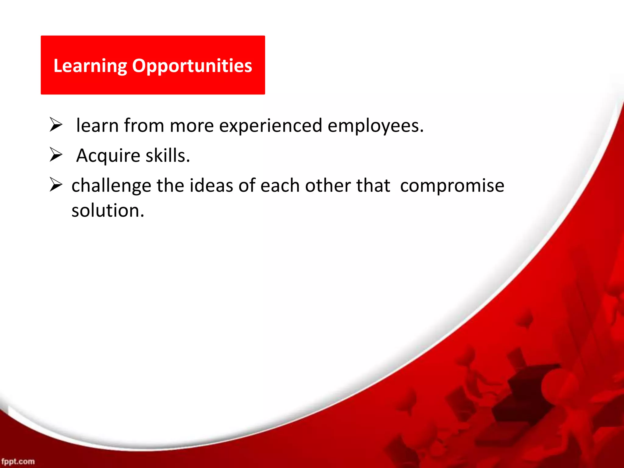 Learning Opportunities
 learn from more experienced employees.
 Acquire skills.
 challenge the ideas of each other that compromise
solution.
 
