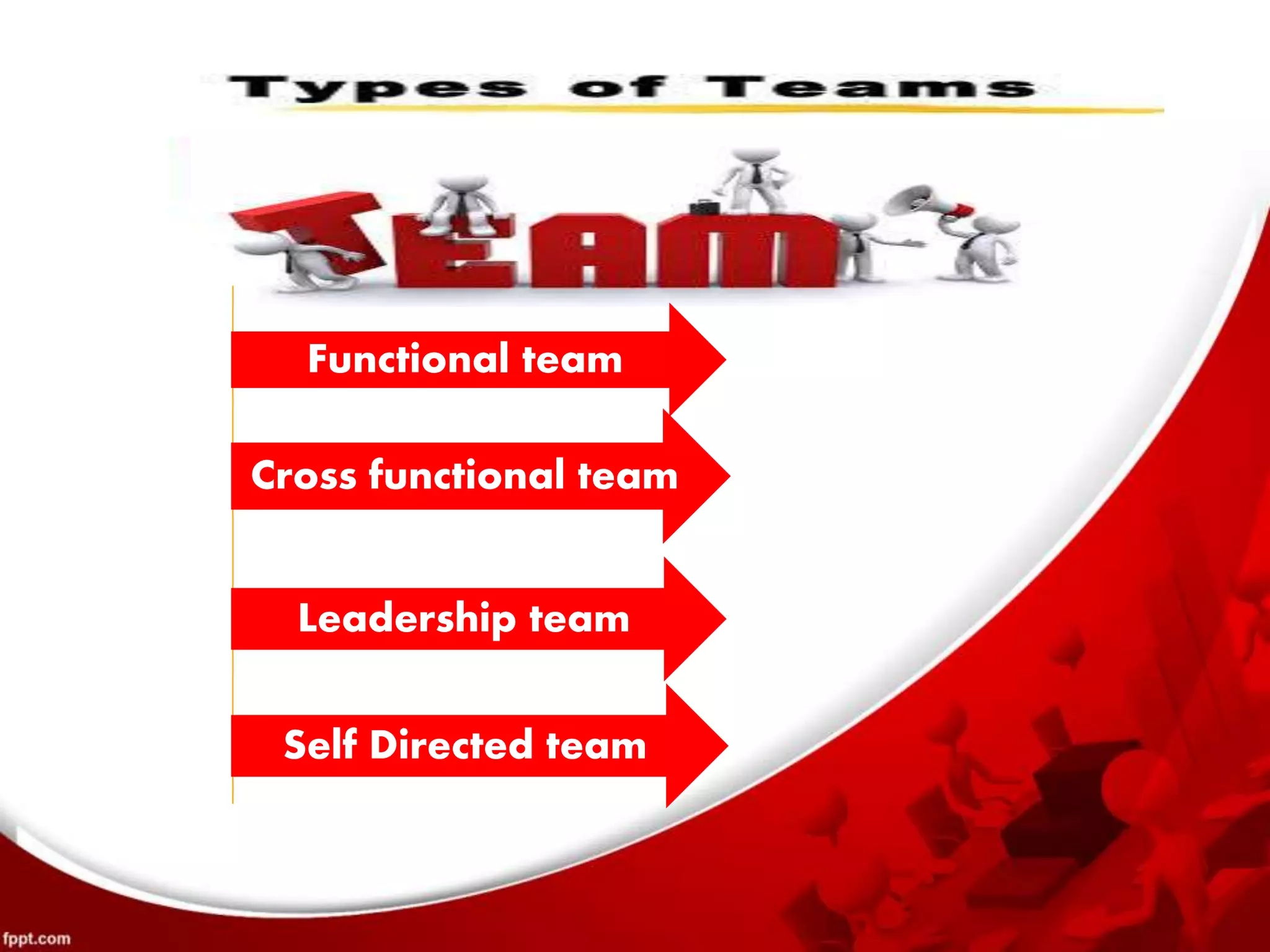 Functional team
Cross functional team
Leadership team
Self Directed team
 