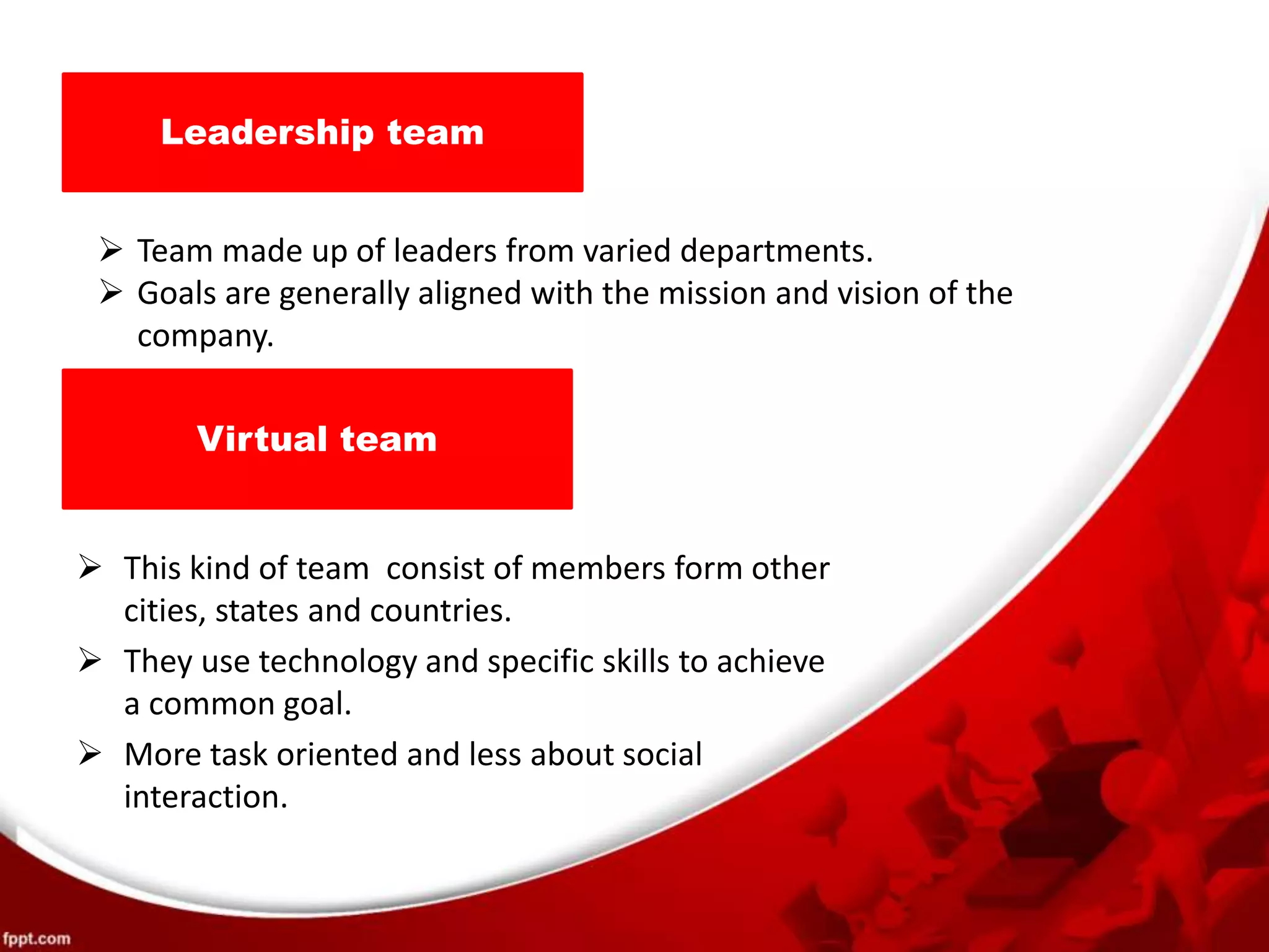 Leadership team
 Team made up of leaders from varied departments.
 Goals are generally aligned with the mission and vision of the
company.
Virtual team
 This kind of team consist of members form other
cities, states and countries.
 They use technology and specific skills to achieve
a common goal.
 More task oriented and less about social
interaction.
 